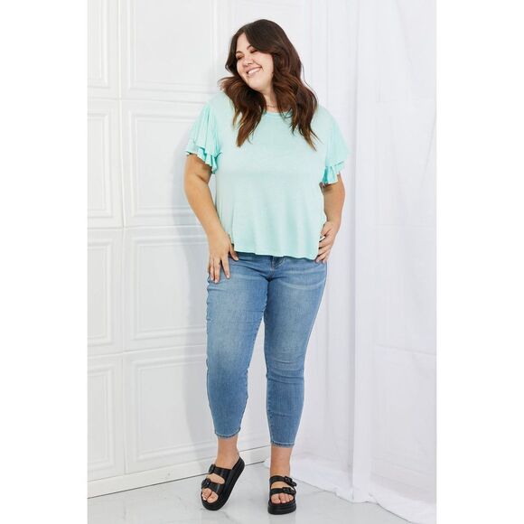 Culture Code Mi Amor Full Size Round Neck Ruffle Sleeve Top In Blue - Picture 6 of 12